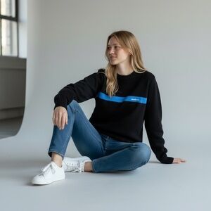 Powderhorn Mountain Ski Sweater 100% Wool Black w/Blue-Made in USA Unisex-LG-VTG